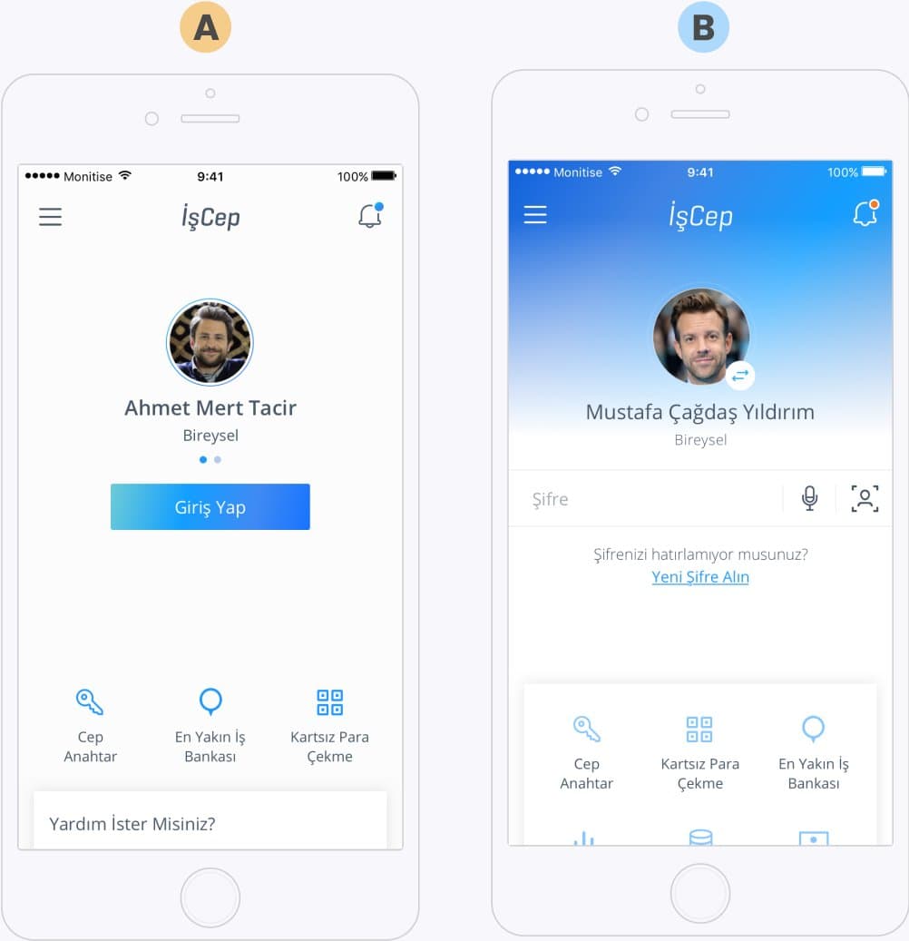 The two pre-login concepts side by side, labelled A and B, on iPhone frames
