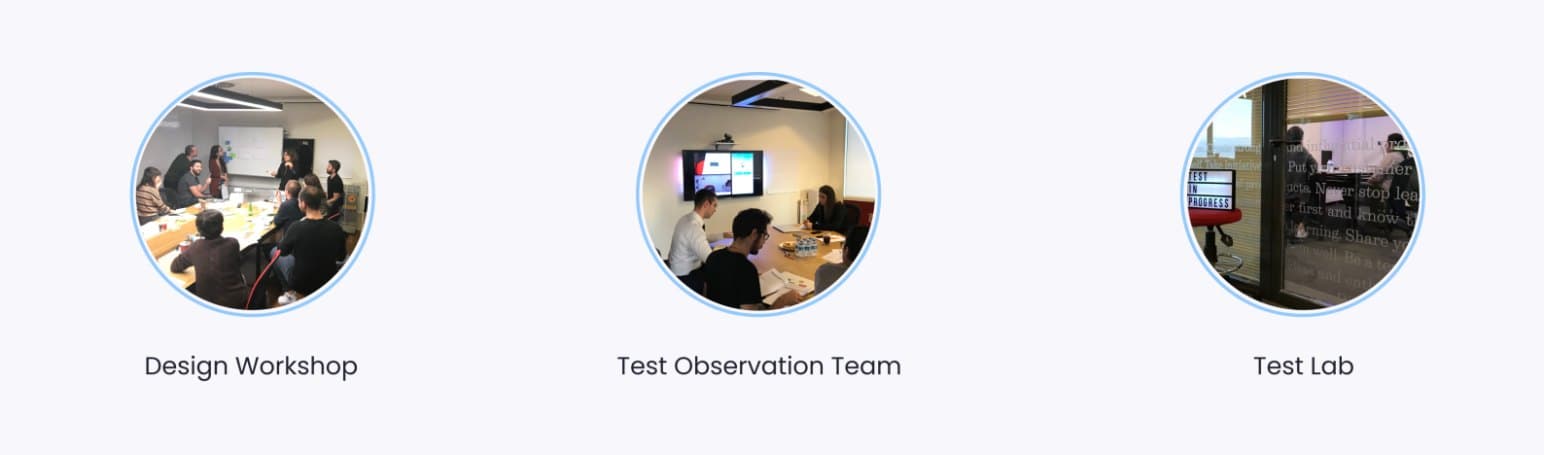 Photographs of the design workshop, the observation room and the test lab
