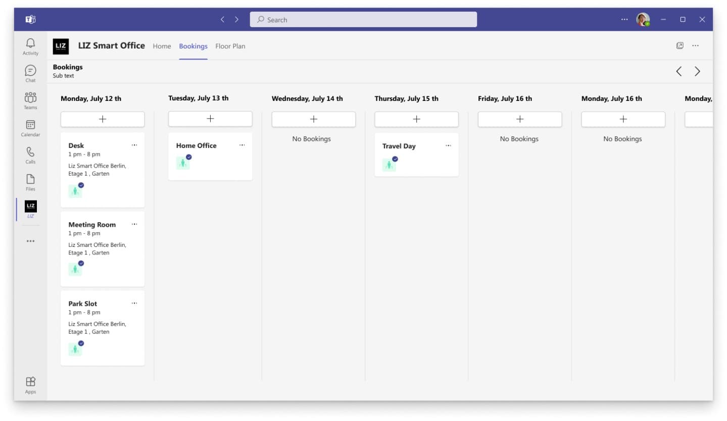 LIZ Smart Office Teams app weekly bookings view