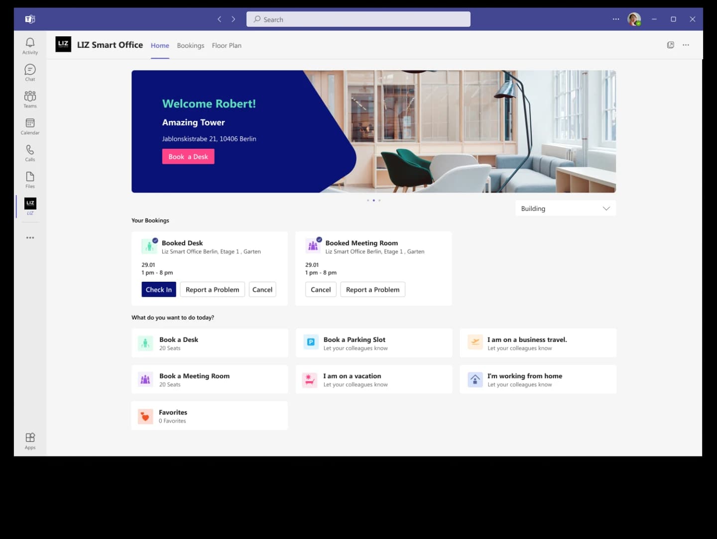 LIZ Smart Office Teams app home screen with bookings and quick actions