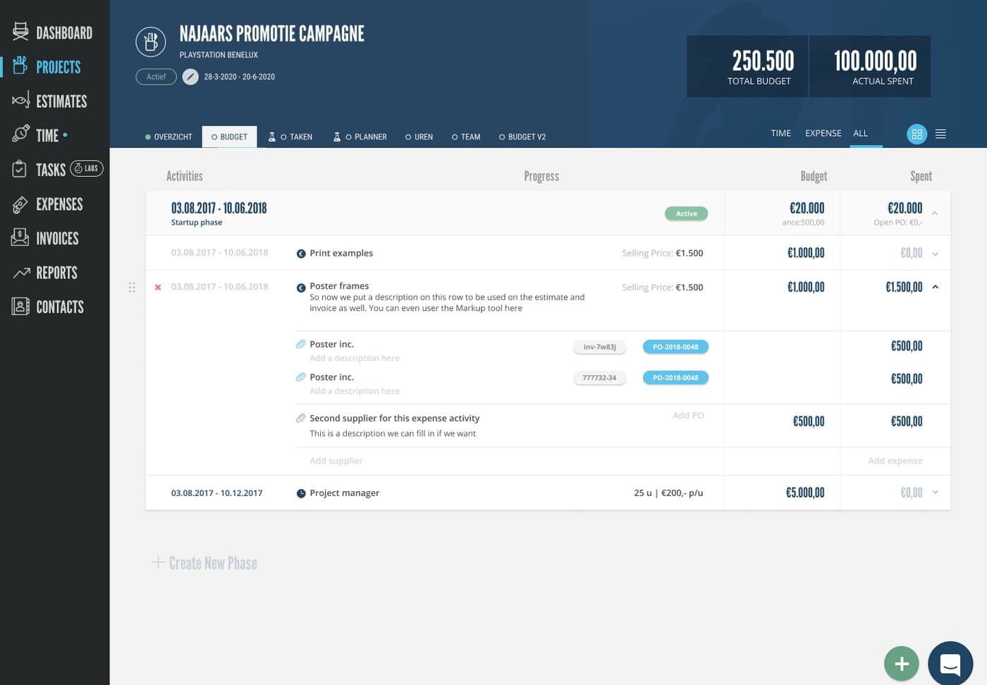 Rodeo budget page before the redesign, with phases, activities, suppliers and expanded rows