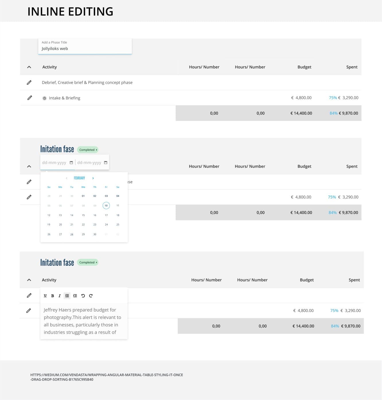 Inline editing patterns: phase title field, date range picker and rich text description editor inside the table