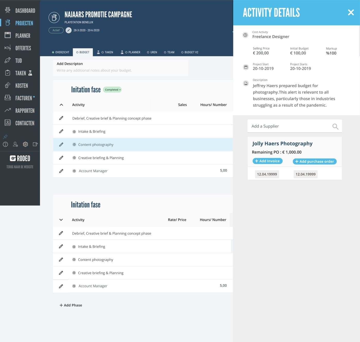 Redesigned budget page with an activity details side drawer open on the right