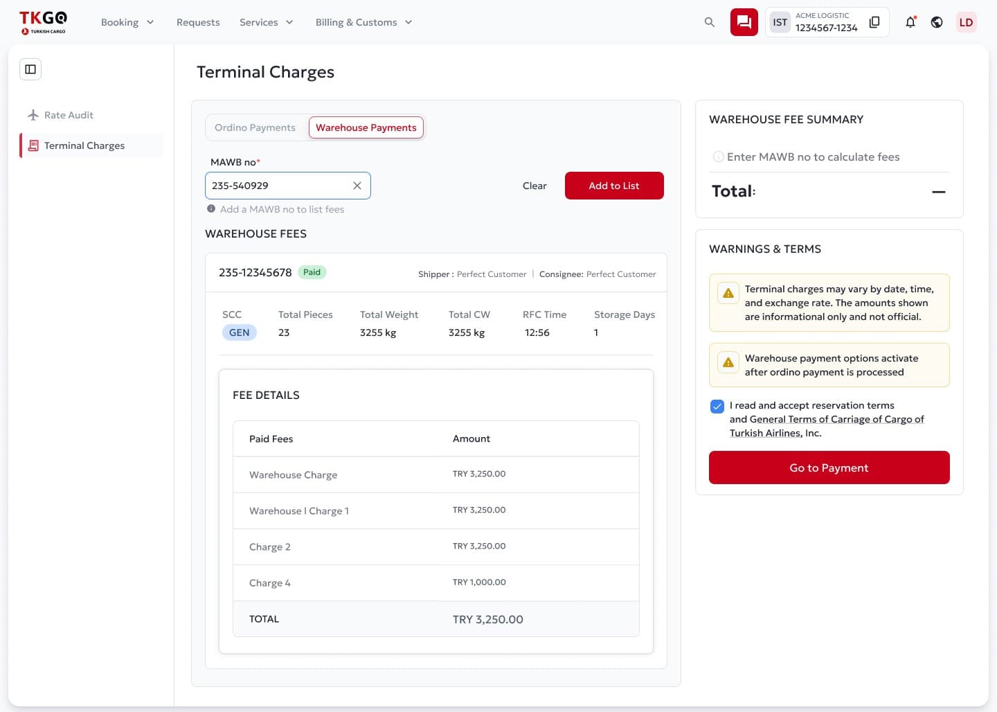 Turkish Cargo warehouse fees screen, single paid waybill